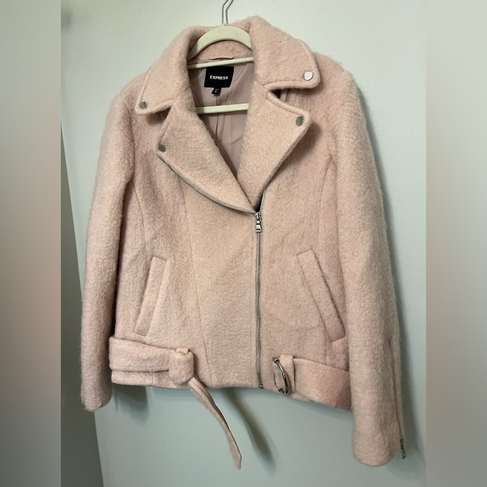 EXPRESS PINK WOOL BLEND‎ BELTED MOTO JACKET COAT MEDIUM NWOT